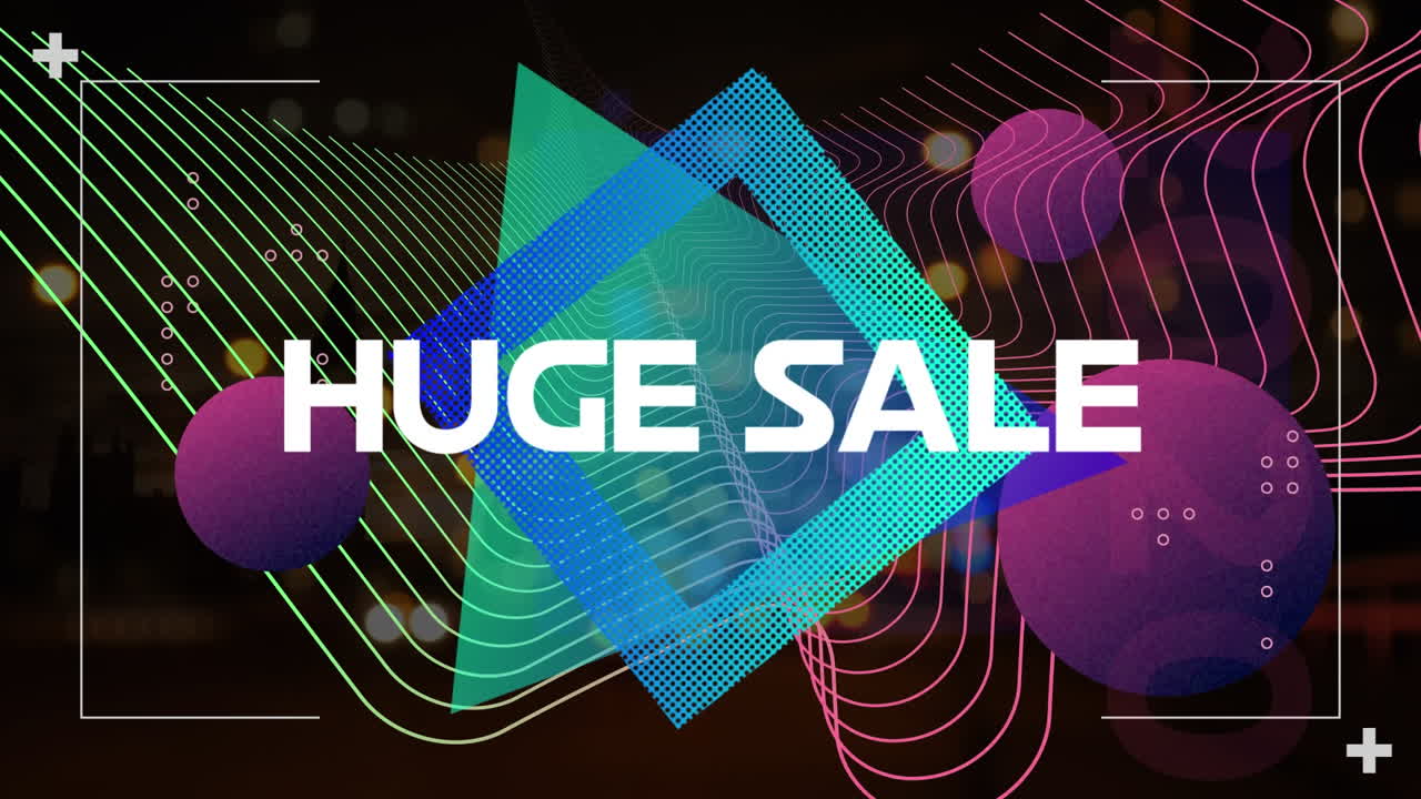 검은색 배경에 추상적인 모양 위에 거대한 판매 텍스트의 애니메이션