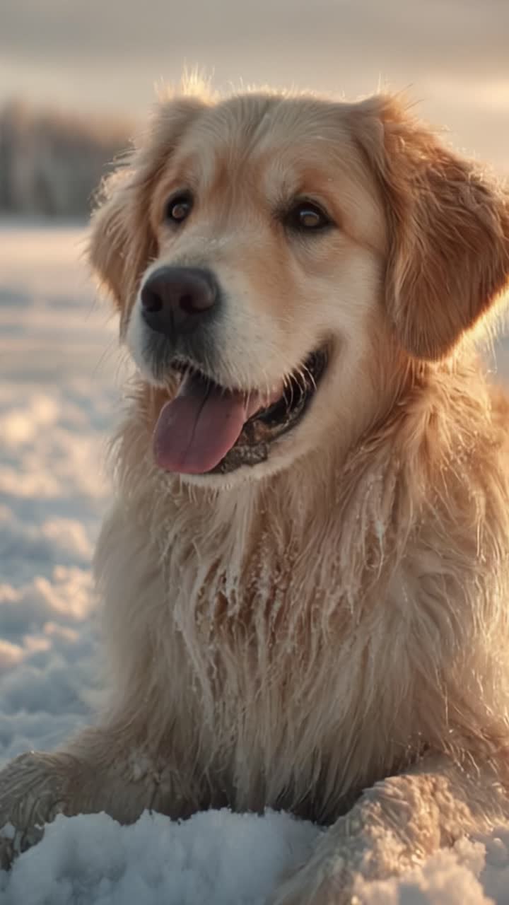 Un gioioso Golden Retriever si gode un paese delle meraviglie invernale, irradiando felicità e giocosità mentre si sdraia sulla neve con un sorriso smagliante e un pelo lucente