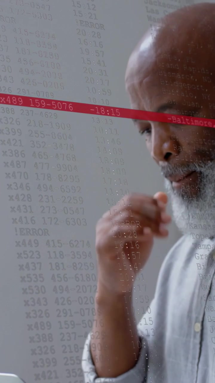 Vertical video: IT pro typing on laptop, causing numeric overlay and red ERROR bar, pausing, fixing