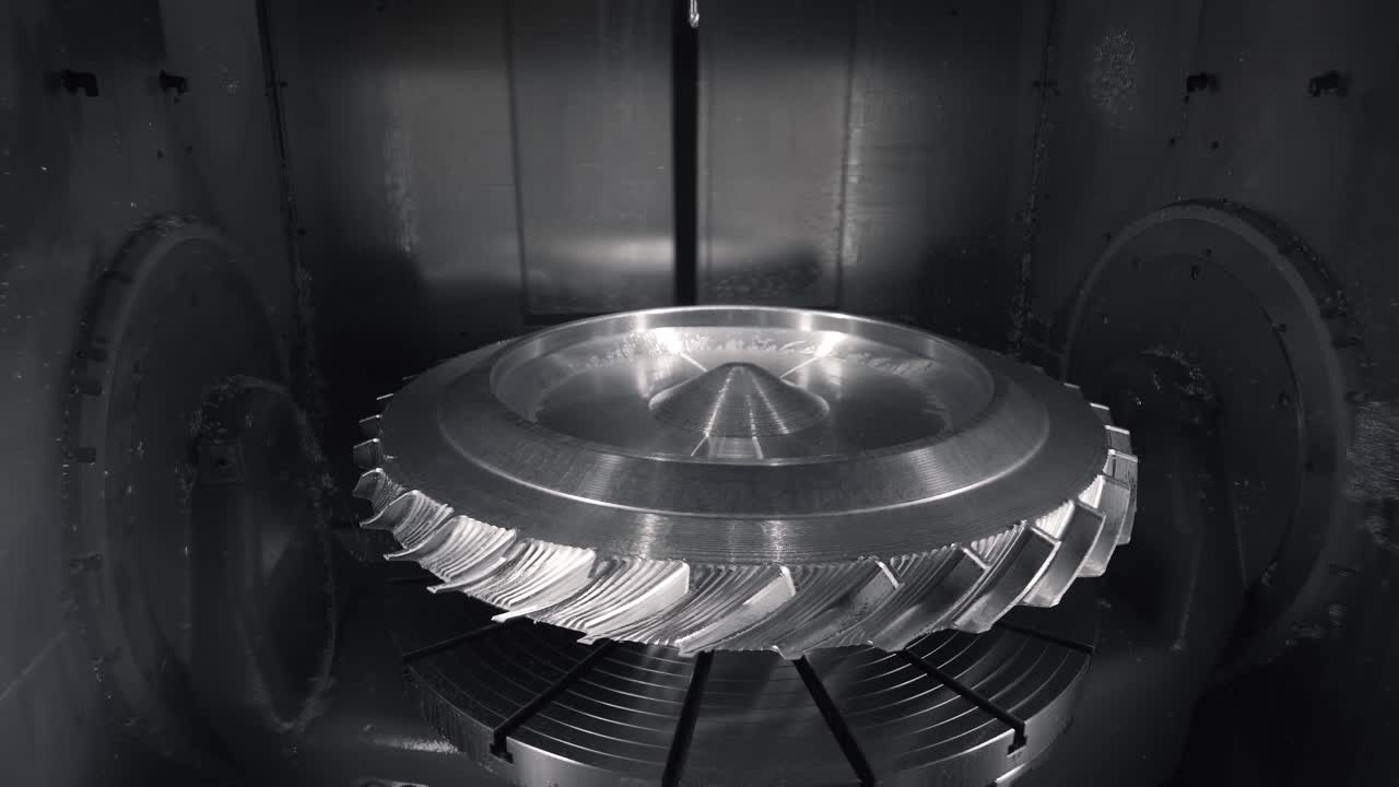 Metalworking CNC lathe milling machine. Cutting metal modern processing technology.