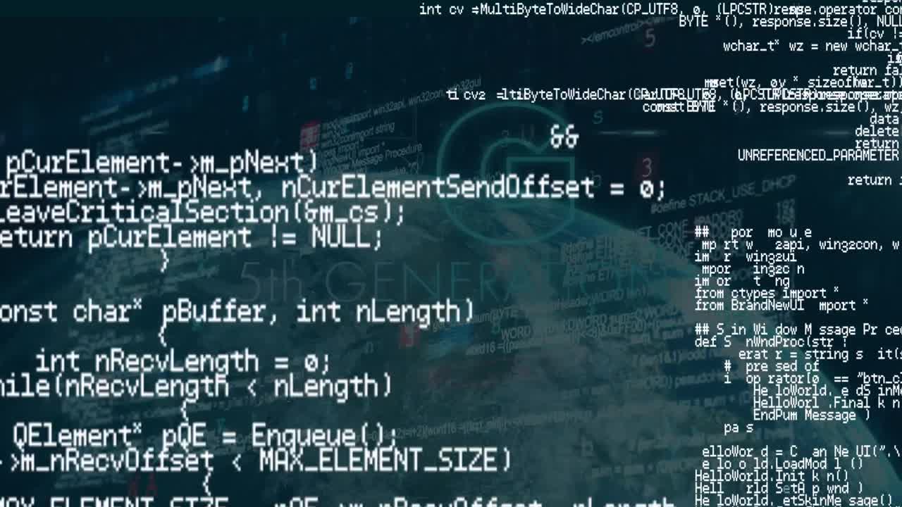 animation der datenverarbeitung und text der 5. generation mit globus auf blauem hintergrund
