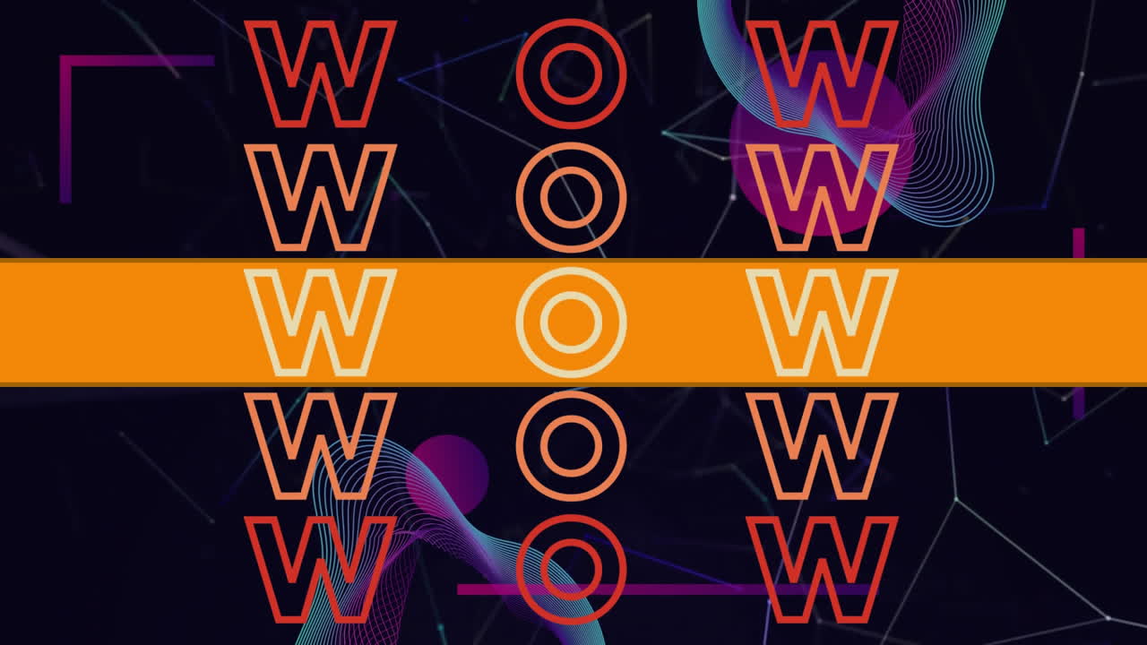 Animazione digitale del testo 'wow' e forme astratte su sfondo di una rete di connessioni su sfondo nero.