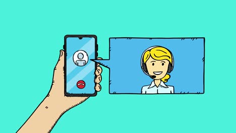 4k animation of conversation on mobile phone. hand is holding mobile phone and speech bubble with talking customer service woman in it. easy to edit talking loop. animation is in colorful doodle style