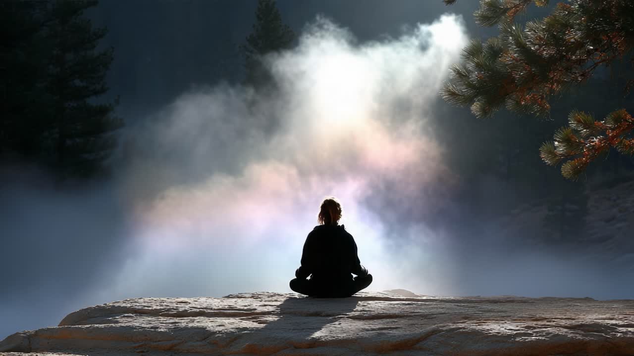 A Serene Moment of Meditation Amidst Ethereal Mist and Radiant Colors: Finding Inner Peace in Nature's Embrace
