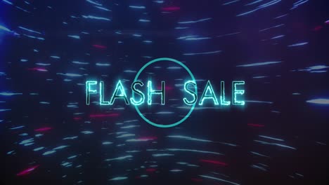 animation of flash sale text and circle on light trails black background