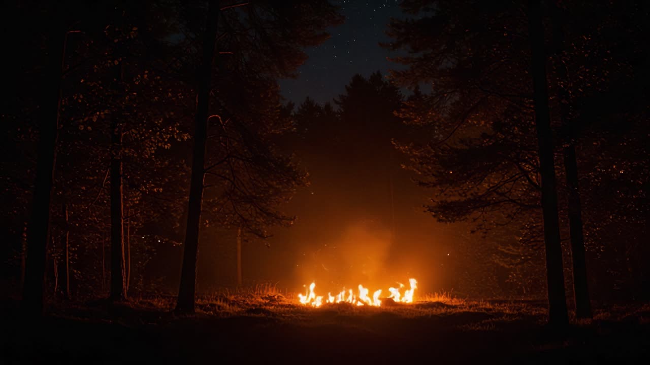 A Mesmerizing Night Scene of Fire Illuminating the Darkness Amidst Tall Trees and a Starry Sky, Creating an Enchanting Atmosphere of Mystery and Warmth