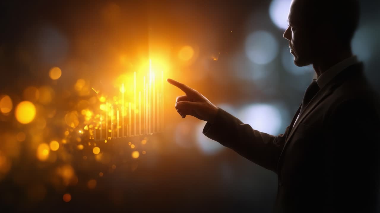Una persona con un aspecto profesional con visualizaciones de datos brillantes que destacan el impacto de la tecnología y el análisis en un entorno futurista y sofisticado