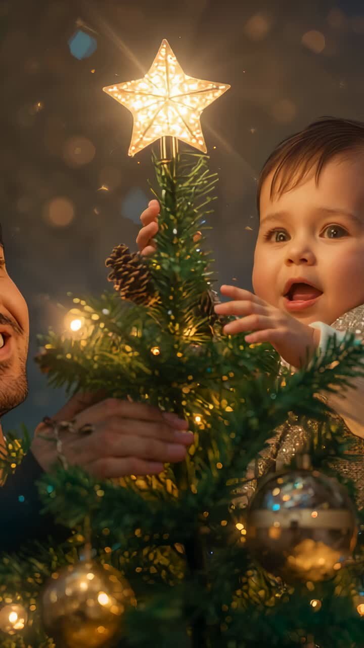 Vertical video: Securing star topper, father guiding toddler reaching pinecone at home, copy space