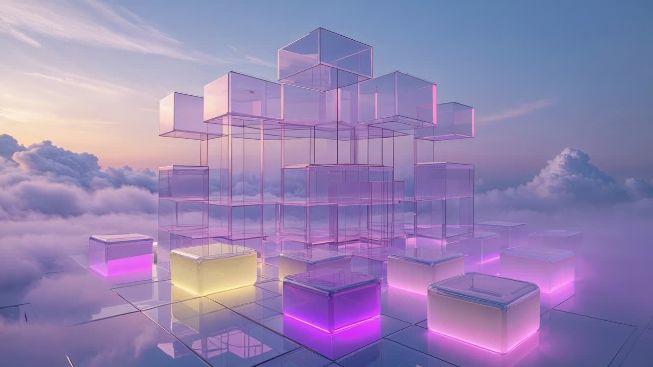 Abstract Transparent Cube Structure Floating in the Clouds