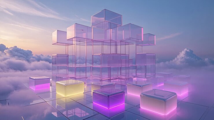 Abstract Transparent Cube Structure Floating in the Clouds