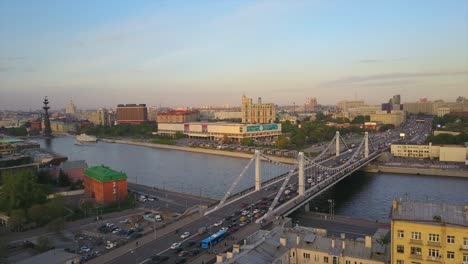 russia sunset time moscow city famous krymsky bridge traffic aerial panorama 4k