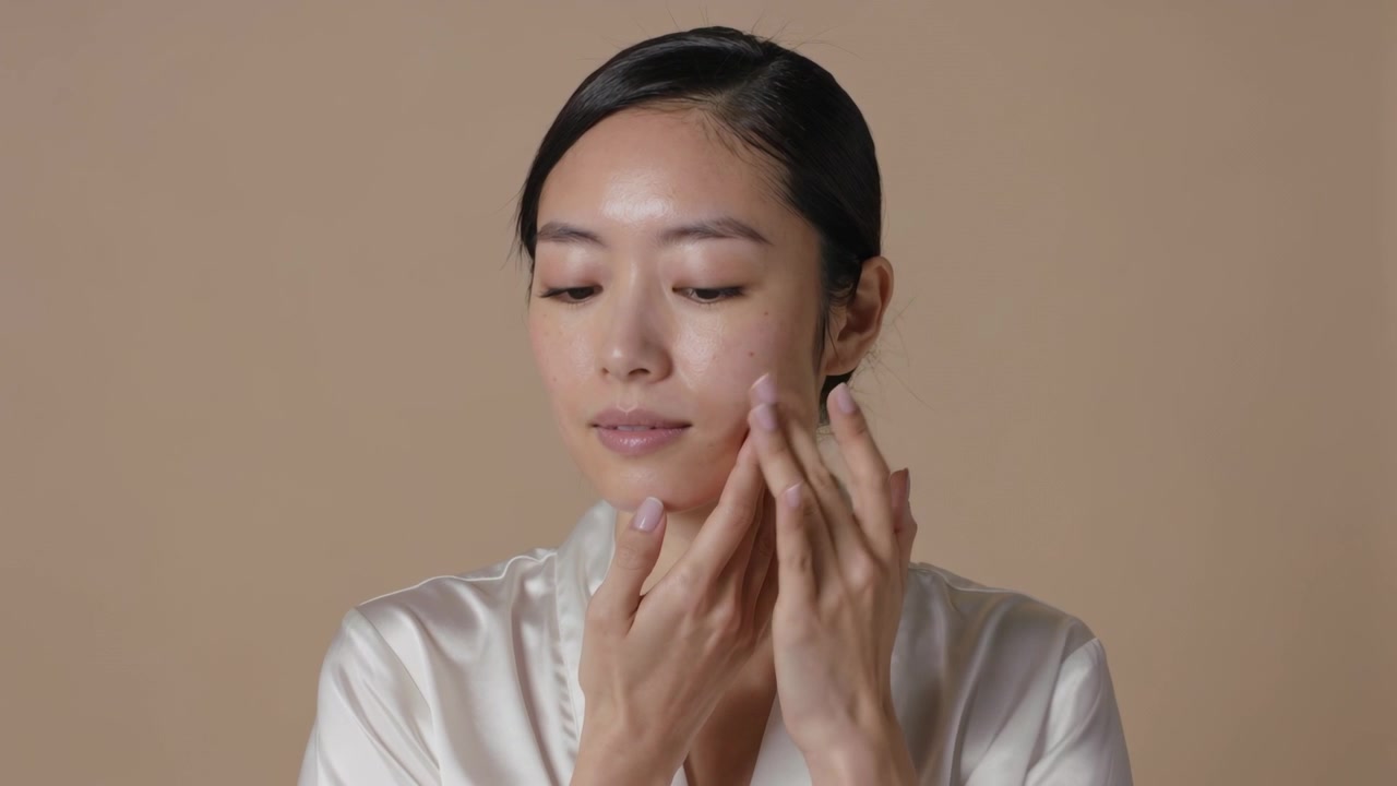 Seorang wanita Asia meletakkan jari di pipi, memijat produk ke atas agar terserap, di dalam studio, mengenakan jubah satin.