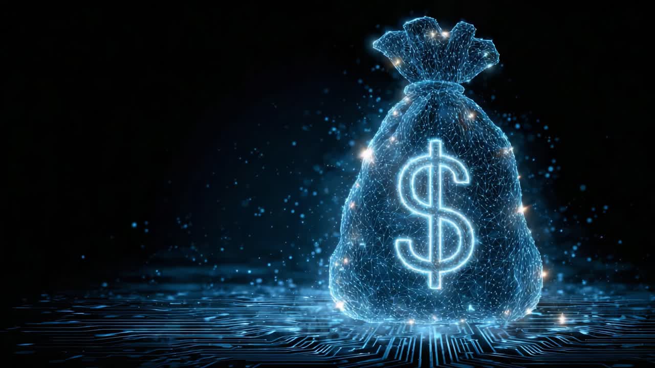 Borsa di denaro digitale illuminata: una rappresentazione luminosa di ricchezza e finanza in un mondo guidato dalla tecnologia, raffigurata in immagini straordinarie