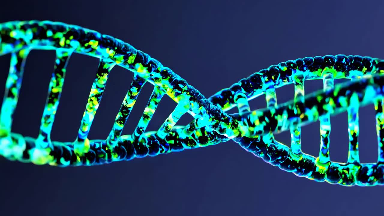 Close-up video of a glowing DNA strand, vibrant colors, angled from the side