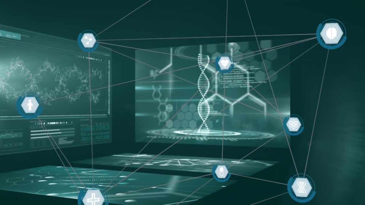 어두운 배경에서 연결 네트워크와 화면의 애니메이션