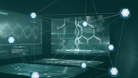 animation of network of connections and screens over dark background