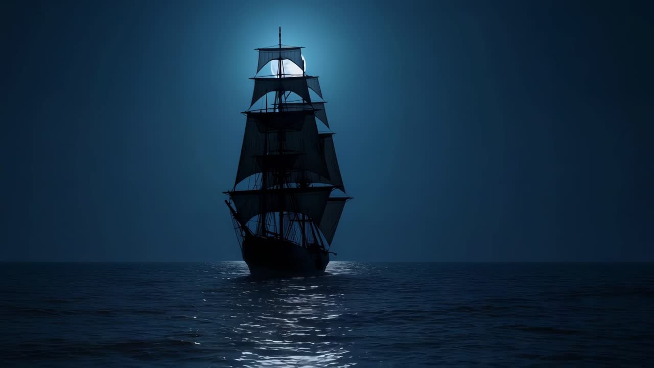Ship sailing on the sea at night under the moonlight