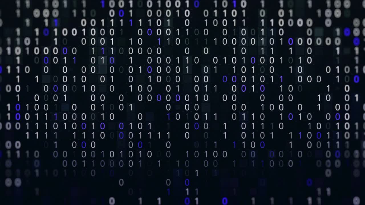 Blue and white binary code fast typing on dark display. Animation. Numbers zero and one coding on black background, seamless loop