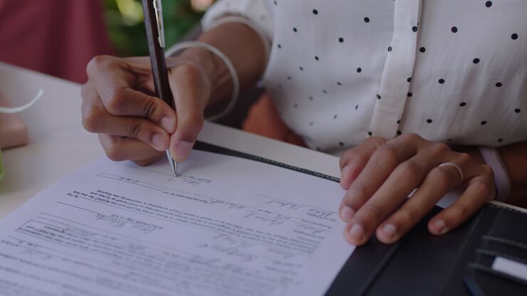 close up business woman signing contract deal client writing signature enjoying successful partnership for startup company development discussing paperwork in office meeting