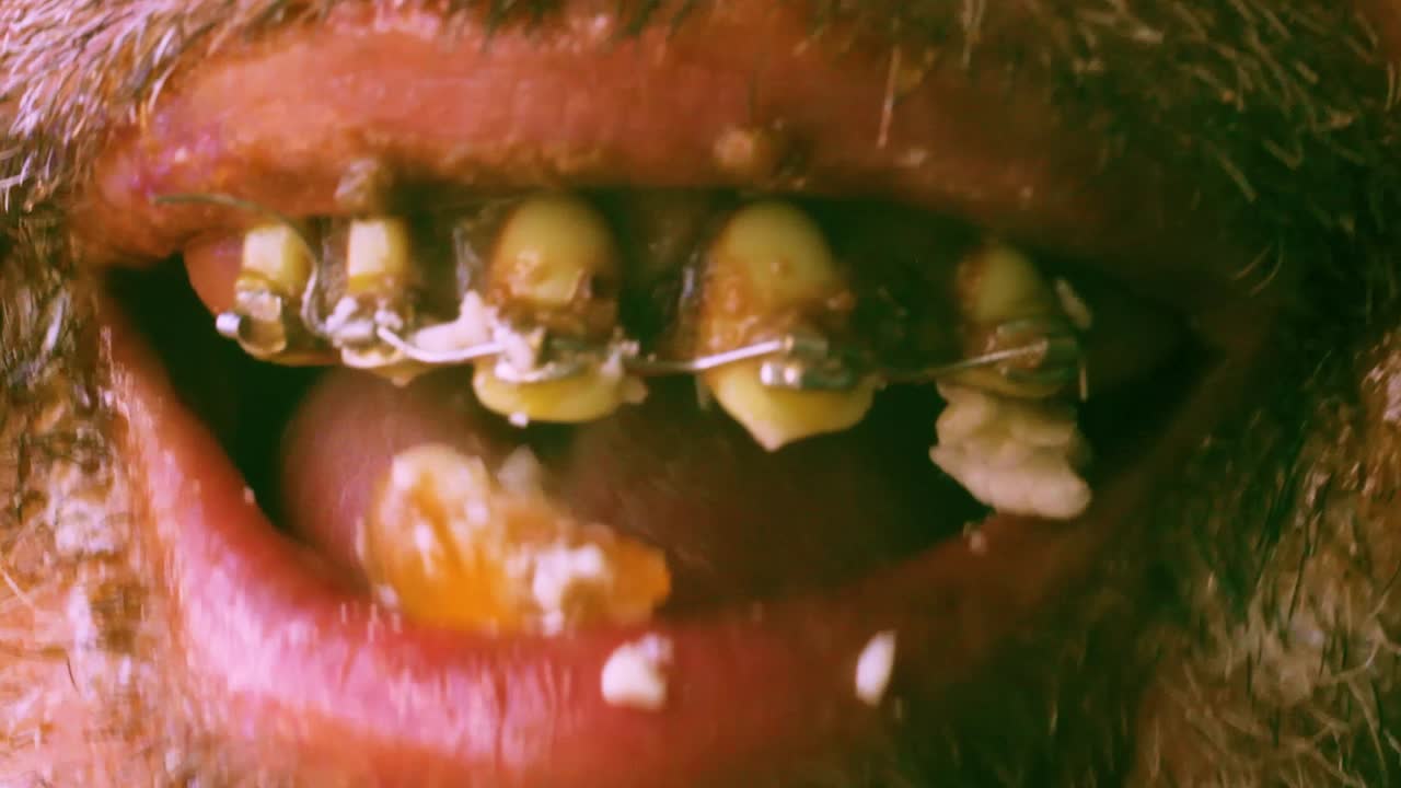 사탕을 먹는 역겨운 입의 재미 가까이