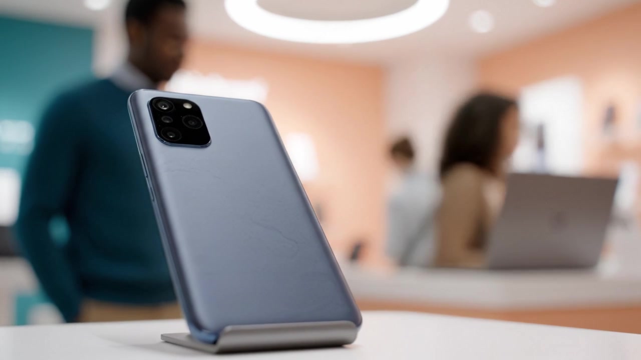 Showcasing a modern smartphone in a retail environment, highlighting its design and features while customers interact in the background at a contemporary electronics store.
