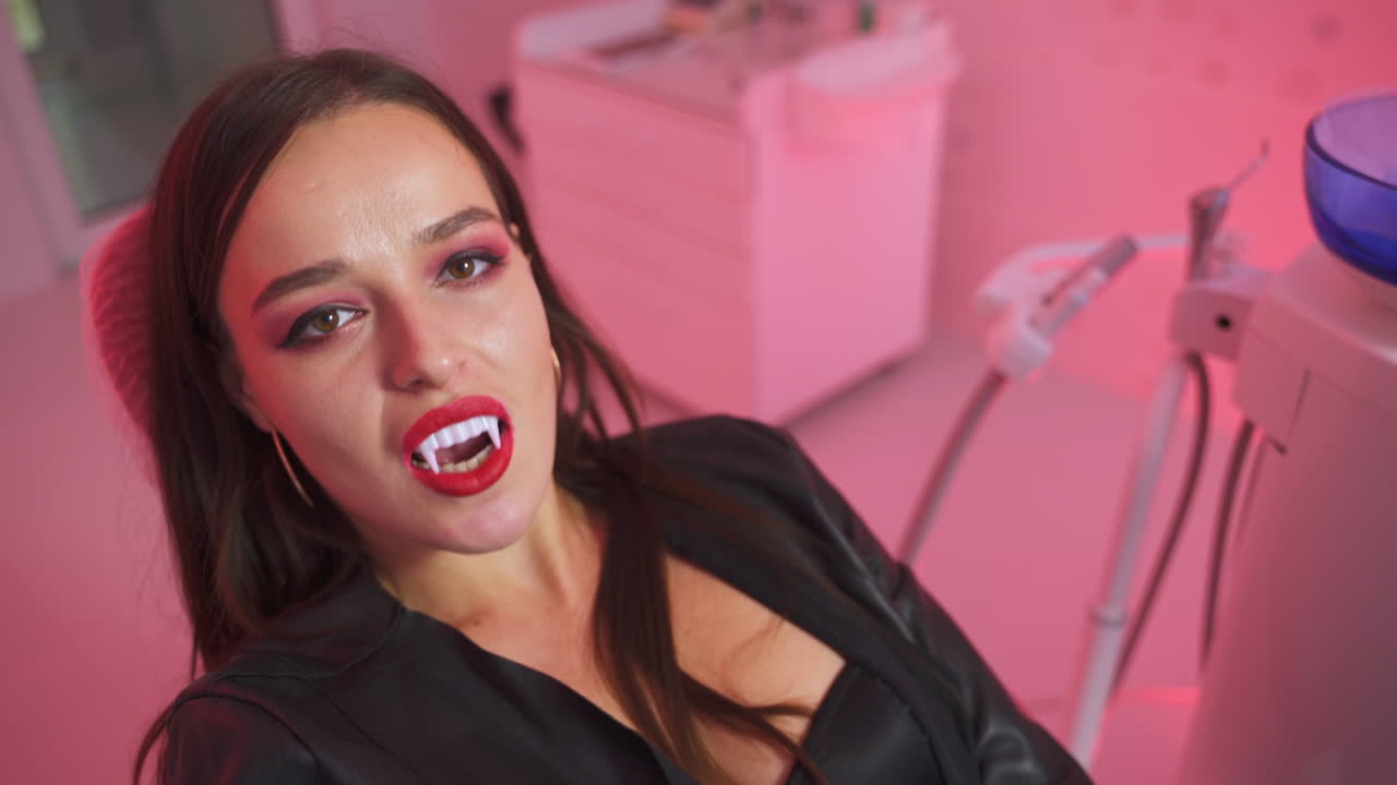 Dentist doctor's hands check up vampire's teeth with stomatological tools. Lady vampire in black clothes at dentist's examination. Close up.