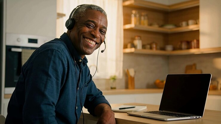 Mand i marineblå skjorte tager indgående opkald, vender sig, læner sig og smiler ved køkkenbordet, headset bærbar computer