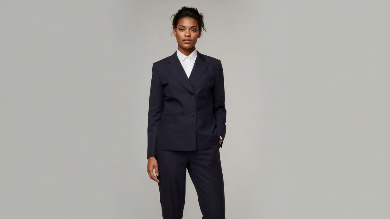 Camera zooming in studio urging woman in navy suit adjusting pose and smiling right-hand in pocket