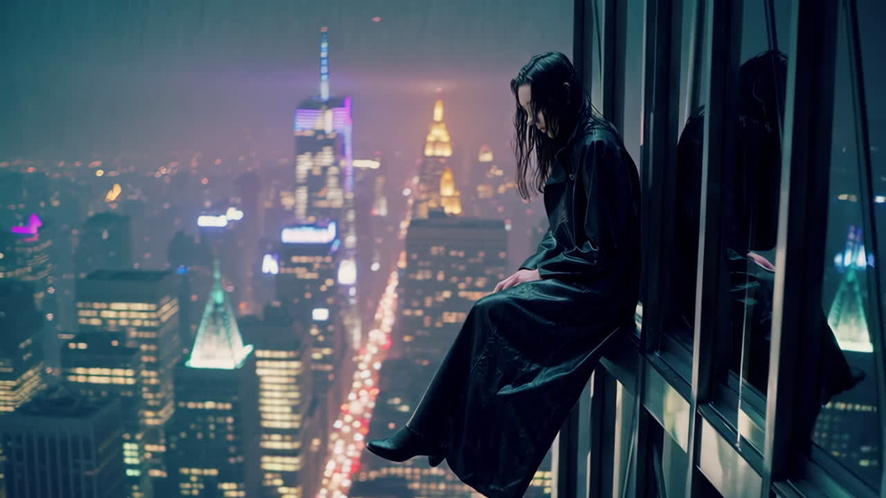 Woman Sitting on a Rooftop at Night in New York City