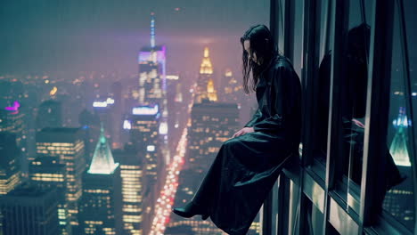 woman sitting on a rooftop at night in new york city