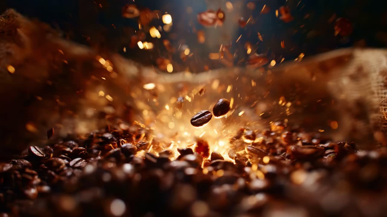 Momenti accattivanti di chicchi di caffè che esplodono in un tripudio di sapore su un ricco sfondo di bontà tostata ed essenza aromatica