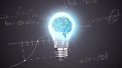 animación del cerebro humano en una bombilla con procesamiento de datos matemáticos en fondo gris