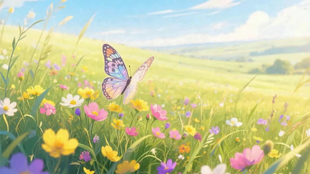 Butterfly fluttering among flowers in a meadow