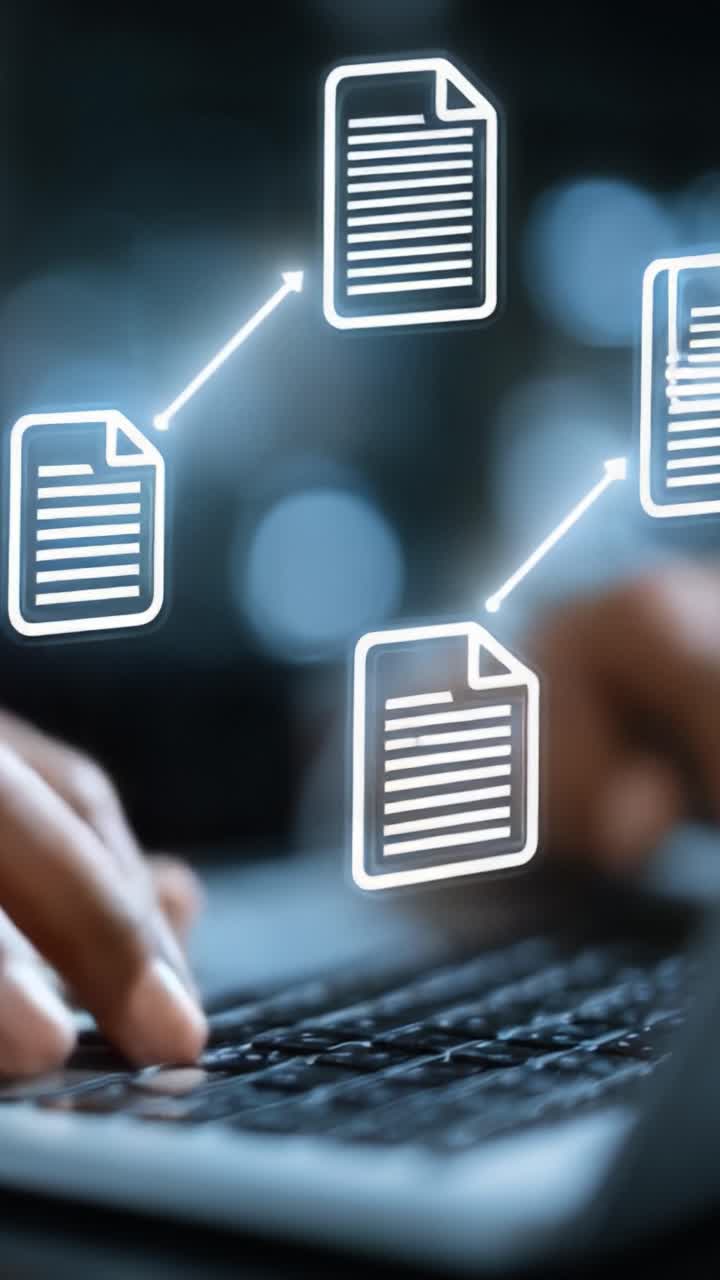 A Person Engaging in Digital Document Management: Hands Typing on a Laptop Surrounded by Floating Icons of Files Illustrating Data Interaction and Organization