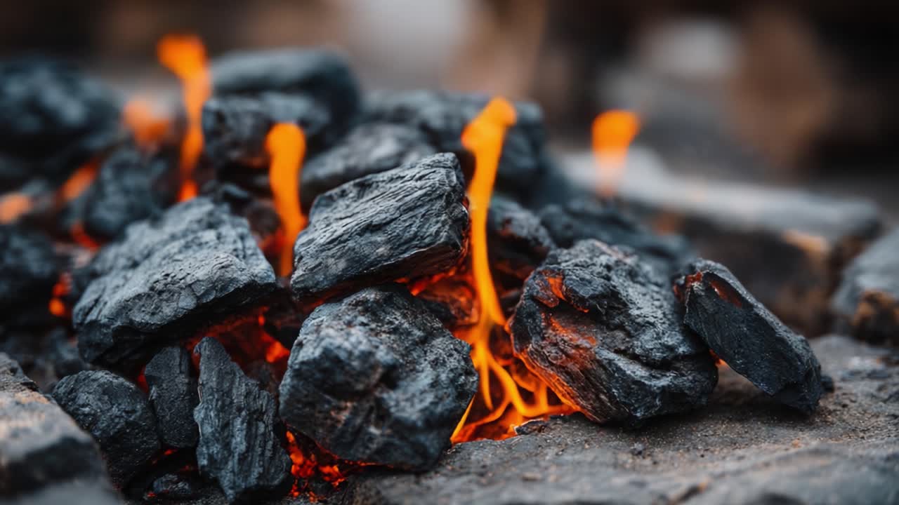 Tra le braci ardenti, fiamme vivaci danzano sul carbone, creando uno spettacolo ipnotizzante di luce e calore in questo affascinante primo piano di un allestimento di fuoco