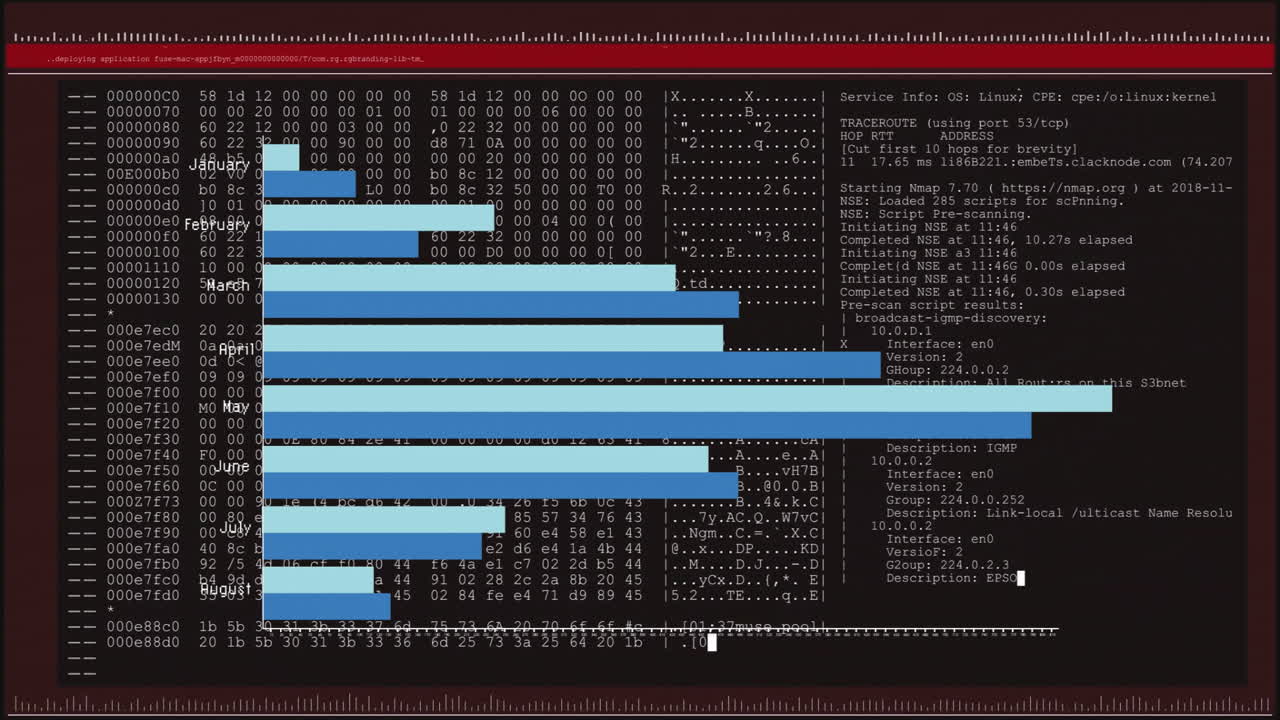 Animation of blue bar chart overlaying computer code in data processing interface
