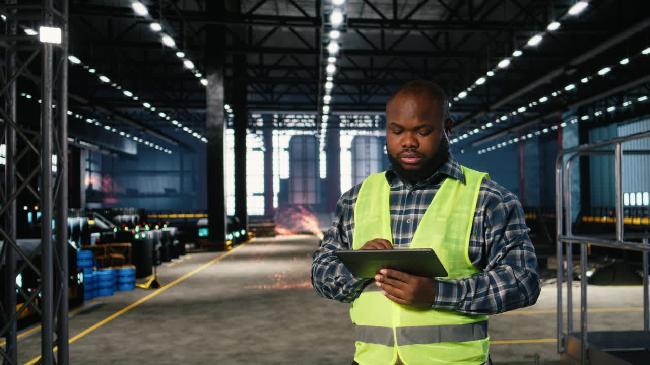 African american technician surrounded by metal tools in a warehouse facility