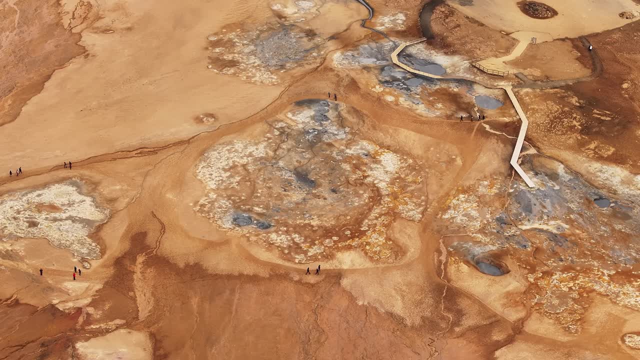 Aerial view of Námafjall geothermal field in Hverarönd, Iceland, showcases steaming earth textures, vivid mineral deposits, and tiny people wandering across Mars-like terrain.