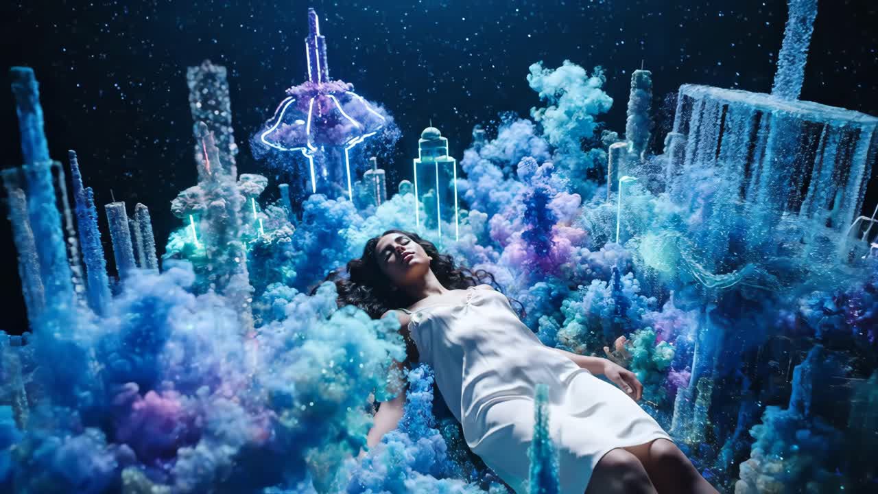 Dreamy Woman Surrounded by Fantasy Cityscape