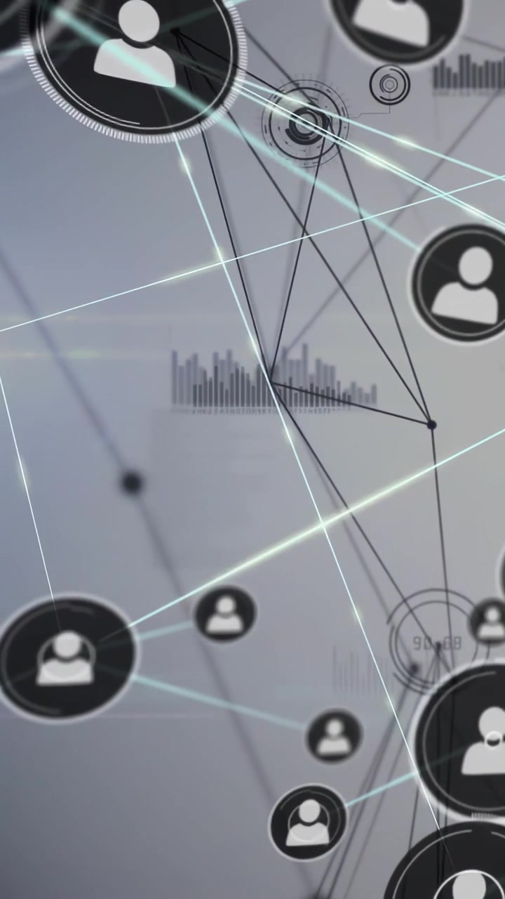 Video verticale: Strisce luminose che attraversano icone utente che emergono e si collegano, mostrando una rete di dati.
