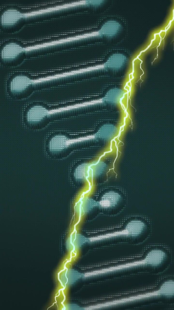 Doppia elica di DNA con animazione di un fulmine su sfondo scuro, che crea un effetto dinamico.