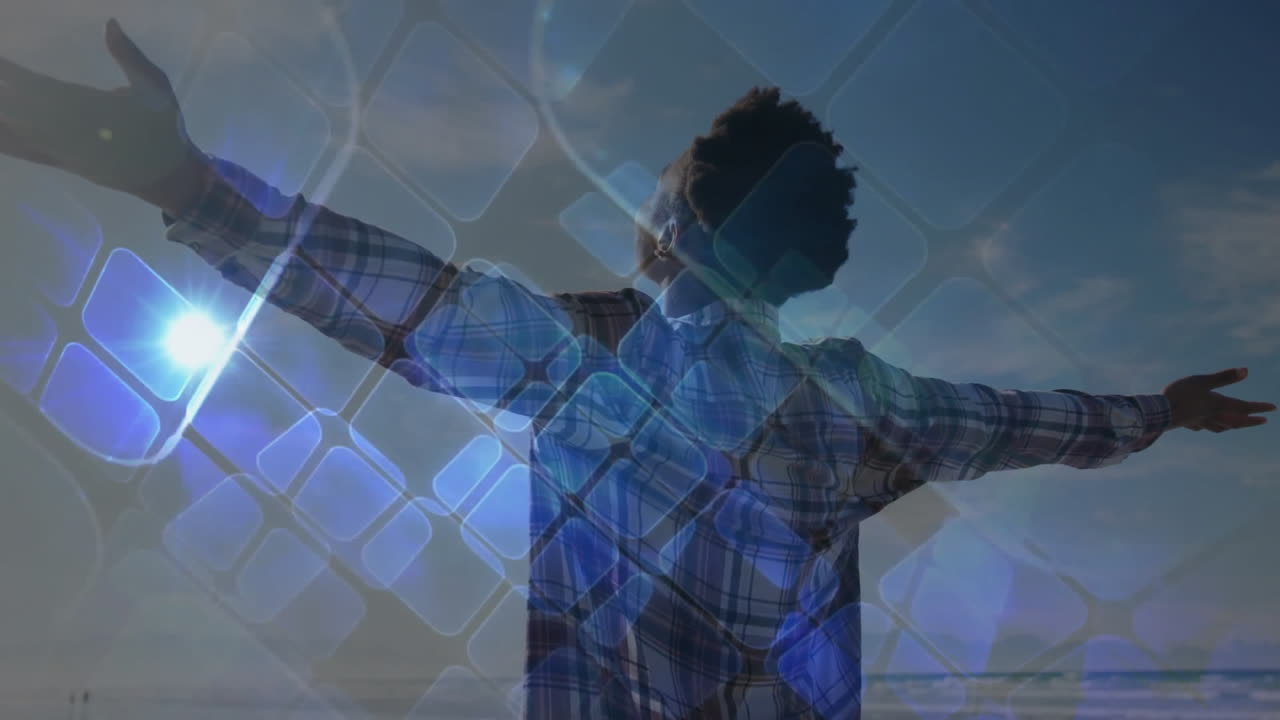 Animation of person with outstretched arms over geometric shapes under bright sky