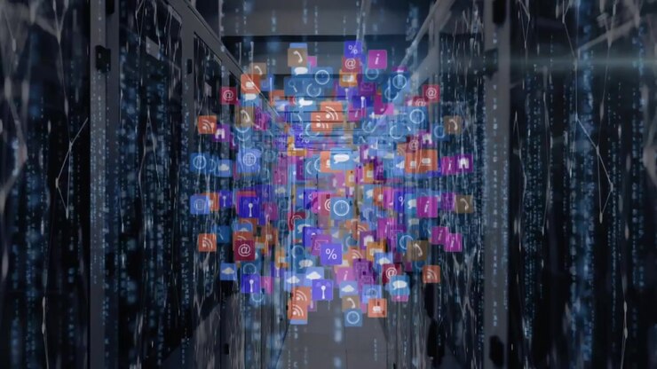 Animation of globe of digital icons spinning and network of connections over computer server room