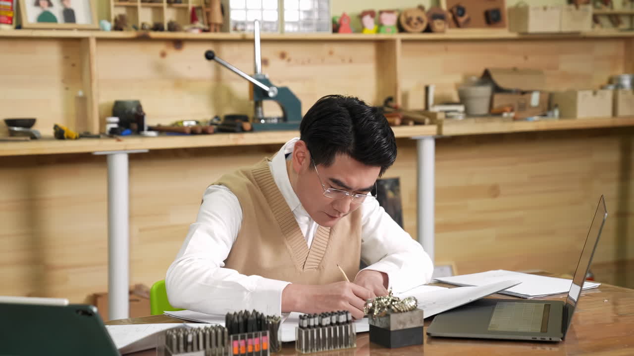 Eco friendly woodworker's shop, professional carpenters man use pencil drawing sketch design and plans on paper in his rustic workshop, surrounded by woodworking tools handcrafts is on workbench table