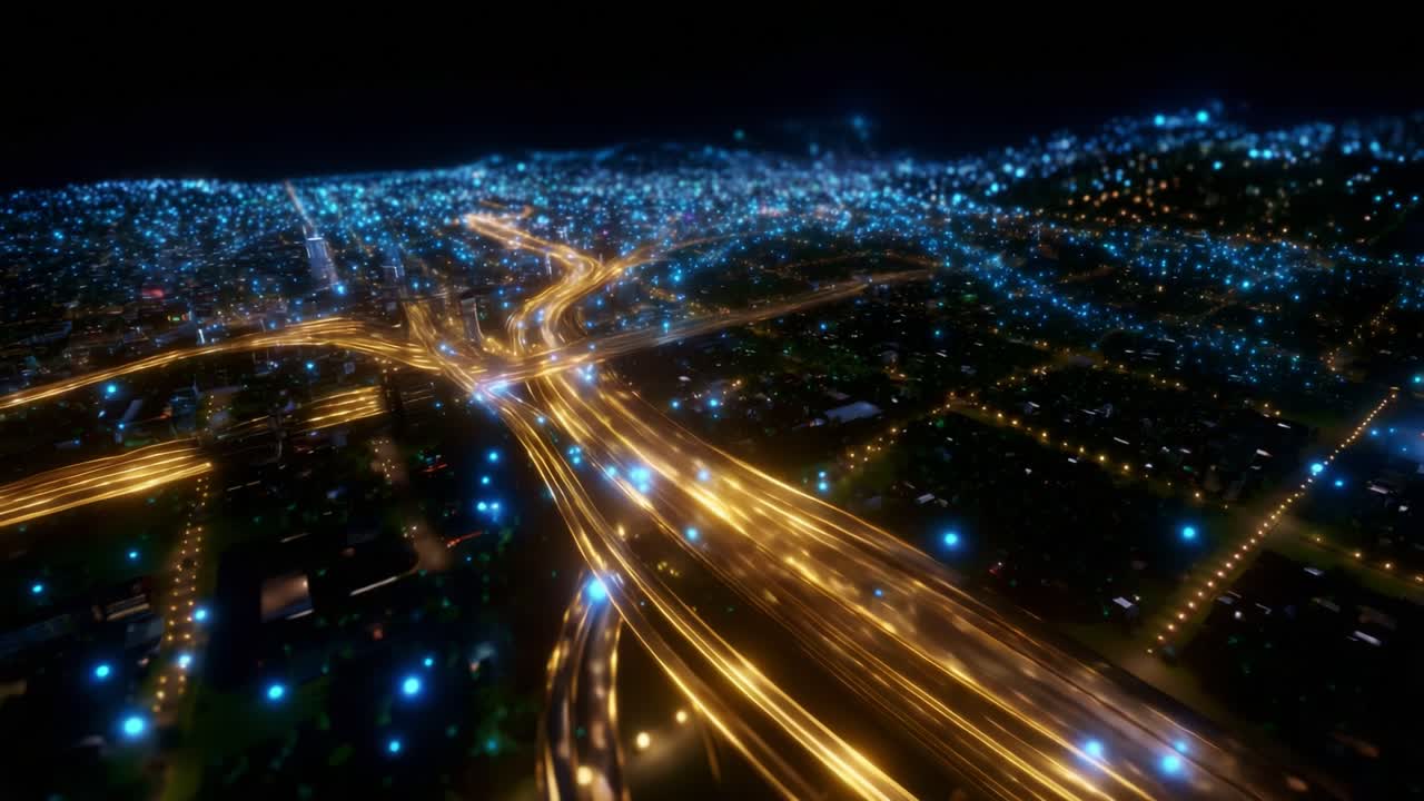 Aerial View of a Glowing Urban Landscape at Night Showcasing Vibrant City Lights and Flowing Traffic on Major Highways, Highlighting the Dynamic Energy and Connectivity of an Urban Environment