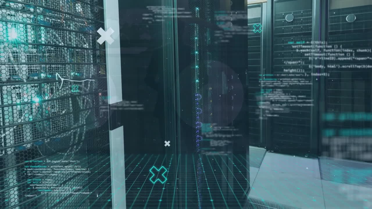 Animation of data processing and diagrams over server room