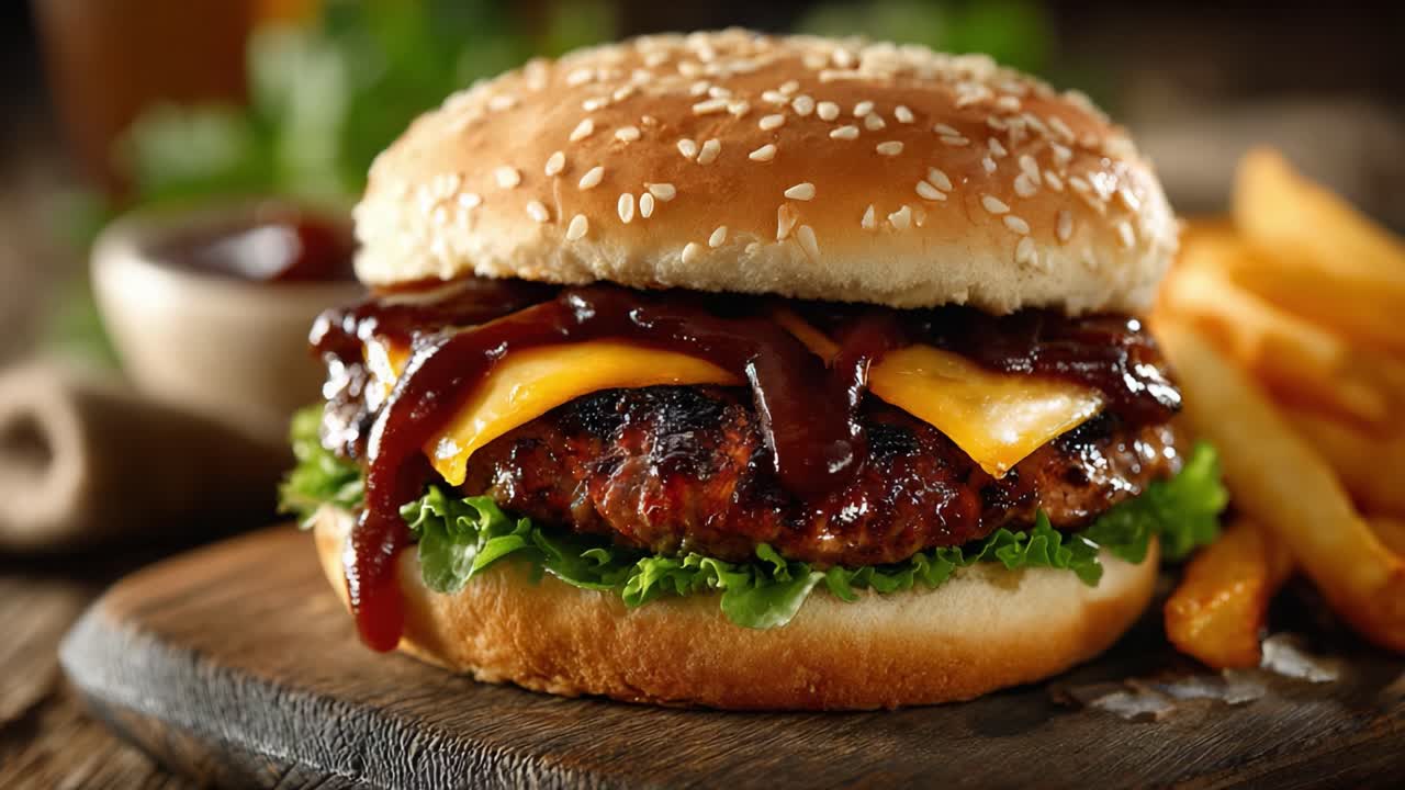 Concediti un hamburger da acquolina in bocca con strati gustosi: tenero hamburger di manzo, formaggio fuso, lattuga fresca e salsa BBQ, servito con patatine fritte croccanti per soddisfare la tua fame.