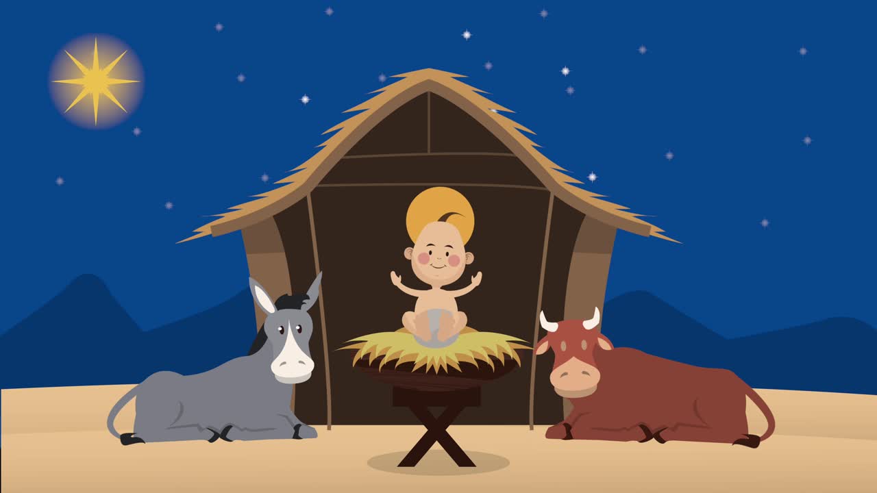 merry animation de noël avec le bébé jésus dans l'écurie