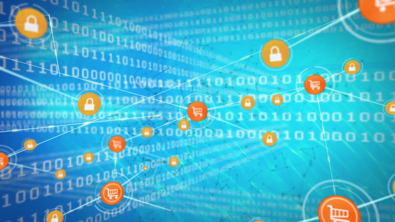 Animation of network of connection with icons over blue background with binary code