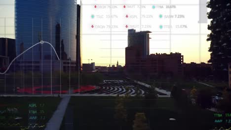 animation of multiple graphs and trading boards over aerial view of modern buildings against sun